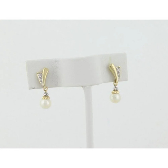 10k Yellow Gold Freshwater Pearl Earrings Dangle Drop - Picture 7 of 9